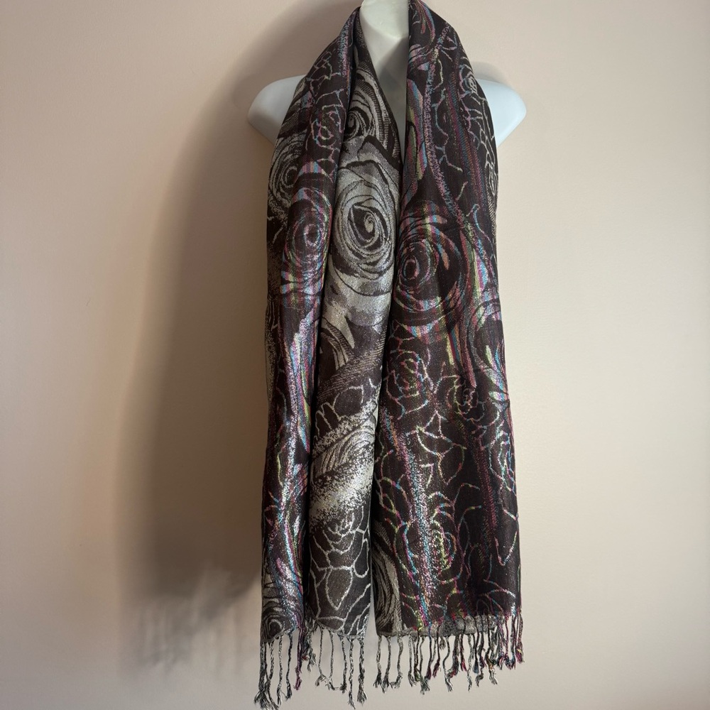 Metallic Thread Rose & Multicolor Stripes Scarf